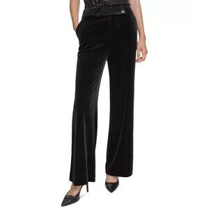 Calvin Klein Women's Trendy Velvet High-Rise Wide-Leg Pants Trouser Black 14